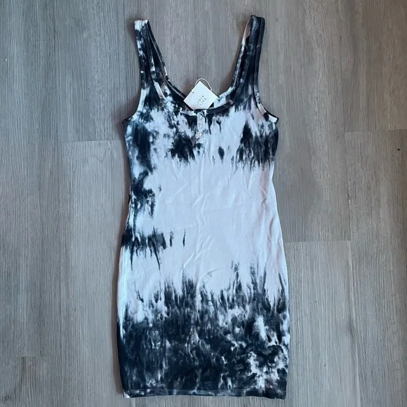 Zara Tie Dye Black and White Bodycon Henley Tank Dress size M - Picture 2 of 5